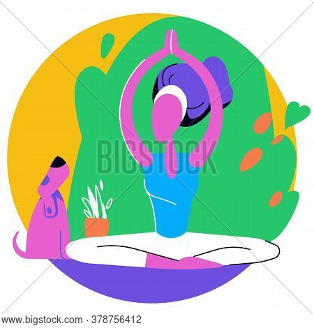 A Woman Practices Yoga With A Dog. The Girl Is Meditating. Training In Nature. Color Vector Image. H