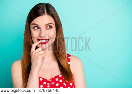 Closeup Photo Of Pretty Funny Lady Bright Lipstick Tricky Look Side Empty Space Have Creative Tricky
