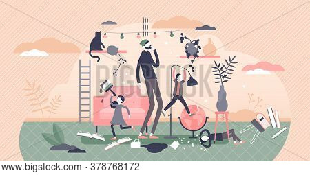Fatherhood Parenting Scene With Chaos And Confused Male In Front Of Disobedient Children Tiny Person