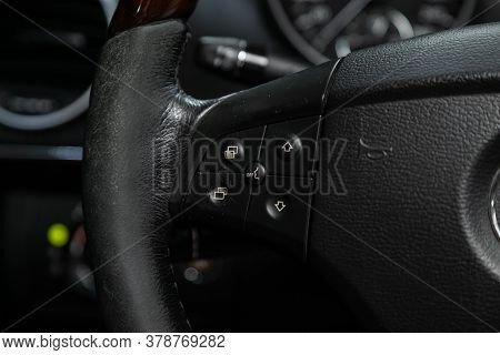 Novosibirsk/ Russia - July 18  2020: Mercedes Benz Gl-class,  Car Controller On Steerling Wheel ,mus