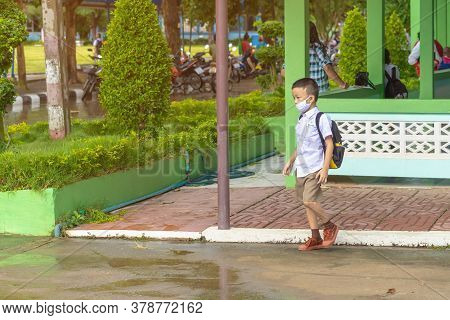 Kanchanaburi,thailand-july 2,2020:thai Students Wear Various Medical Masks To Prevent Themselves Fro
