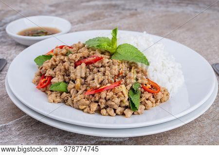 Rice Topped With Stir-fried Mince Pork And Basil , Thai Famous Street Food