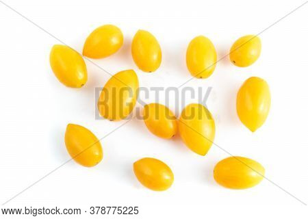 Cherry Tomatoes (solanum Lycopersicum L. Var. Cerasiforme). Top Viwe Isolated On White Background An