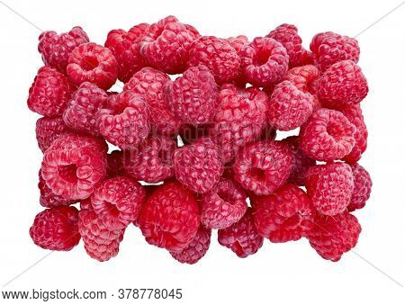 Ripe Raspberries. Sweet fresh berries isolated on white background. Top view close up. Organic natural food for healthy eating. Ingredient for Food Packagion Design.
