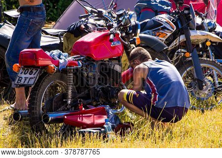 Senno, Belarus - 07.03.2015: Summer Open-air Motorcycle Festival, Motorcycles On A Sunset Background