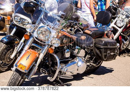 Senno, Belarus - 07.03.2015: Summer Open-air Motorcycle Festival, Motorcycles On A Sunset Background