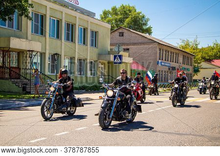 Senno, Belarus - 07.03.2015: Motorcyclists Ride The Road On A Sunny Summer Day