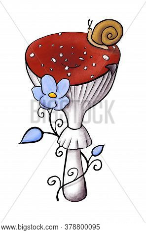 Illustration Of Redcap Fly Agaric With Snail And Blue Flower. Hand-drawn Poisonous Red Mushroom With