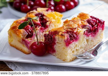 Fresh Baked Cake With Red Ripe Juicy Sour Cherry Or Kriek Berry Close Up