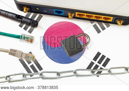 South Korea Internet Censorship And Security Concept. Flag In The Background Of The Internet Connect