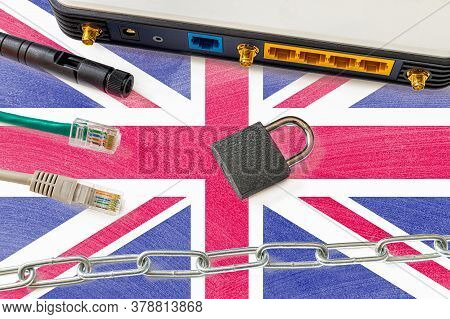 United Kingdom Internet Censorship And Security Concept. Flag In The Background Of The Internet Conn