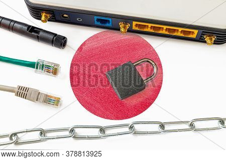 Japan Internet Censorship And Security Concept. Flag In The Background Of The Internet Connection Sw
