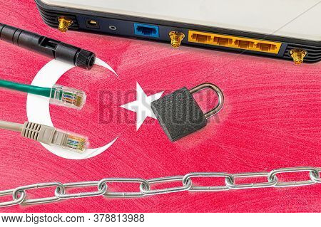 Turkey Internet Censorship And Security Concept. Flag In The Background Of The Internet Connection S