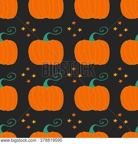 Pumpkins On Black Background. Seamless Pattern. Harvest Concept. Vector Stock Illustration.