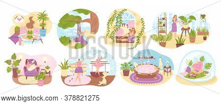 Set Of Women Enjoying Their Free Time, Performing Leisure Activities And Doing Hobbies Flat Vector I