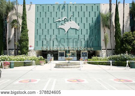 Los Alamitos, California / USA - 7-28-2020: Los Alamitos Race Course front entrance closed due to Coronavirus Restrictions of Public Events and Gathering. Editorial Use. Horse Race Track Entrance.  
