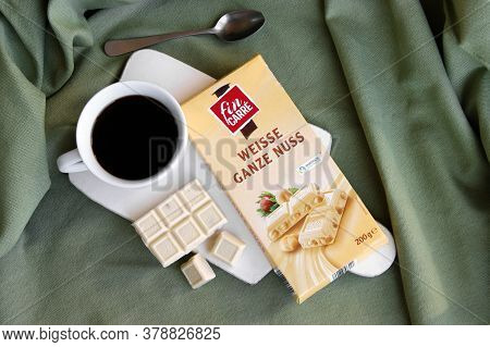 Kharkov, Ukraine - February 10, 2020: Fin Carre, Weisse Ganze Nuss German White Chocolate Bar With W