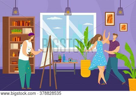 Art Studio, Artist Painting At Easel Models In Dance In Art Workshop, Canvas Drawing Picture Vector 