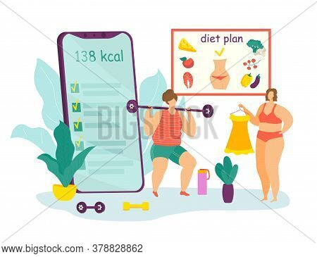 Diet And Sport For Overweight Concept, Fat Female And Healthy Dietary Food With Diet Program From Di