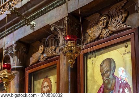 Tiberias, Israel, July 18, 2020 : The Gold Ornamental Lampade Hangs In The Main Hall Of The Church O