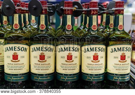 Tyumen, Russia-june 5, 2020: Bottle Of Jameson Irish Whiskey. Jameson Is By Far The Best Selling Iri