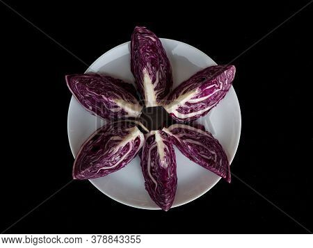 Fresh Raw And Organic Cut Violet Color Cabbage In White Plate As Texture, Background