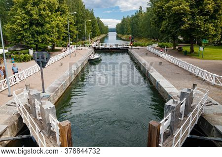 Asikkala, Finland - 16 July 2020: Vaaksy Canal Between Two Big Lakes Vesijarvi And Paijanne. Gateway