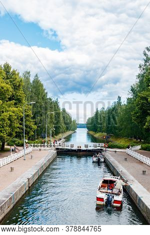 Asikkala, Finland - 16 July 2020: Vaaksy Canal Between Two Big Lakes Vesijarvi And Paijanne. Gateway