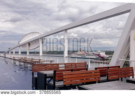 Tallinn, Harjumaa, Estonia, 02 July 2020 Viking Line Ferry, Open Deck Tables. High Quality Photo