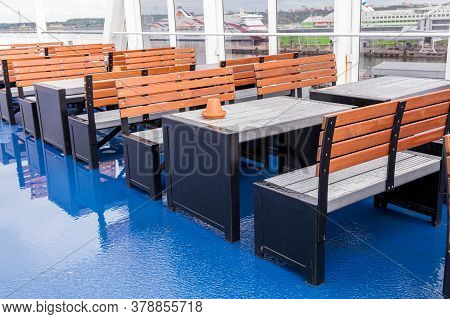 Tallinn, Harjumaa, Estonia, 02 July 2020 Viking Line Ferry, Open Deck Tables. High Quality Photo