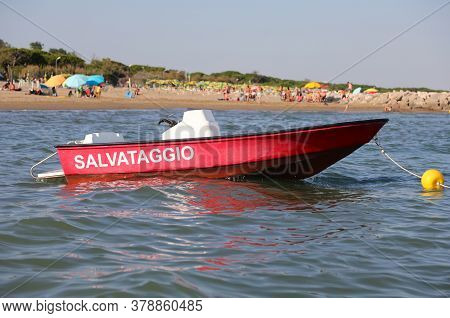 Red Motorboat With The Text Salvataggio That Means Rescue In Italian Language To The Rescue Of Bathe