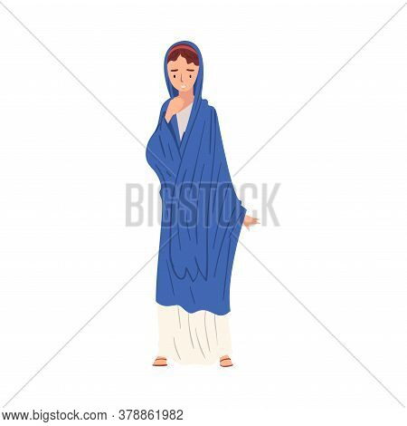 Roman Woman In Traditional Clothes, Ancient Rome Citizen Character In Blue Toga And Sandals Vector I
