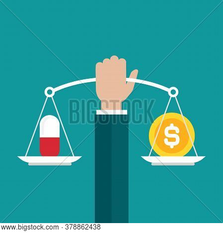 Businessman Hand Holds Mechanical Scales With Dollar Coins And Pill, Drug In Pans.