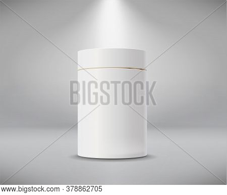 White Cylinder Box. Round Empty Paper Box For Food Soup Tea Or Coffee. Vector Mockup Of White Blank 
