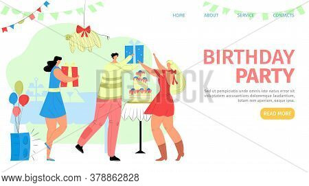 Irthday Party Landing Vector Illustration. Group People Have Fun In Room With Balloons And Flags. Sm