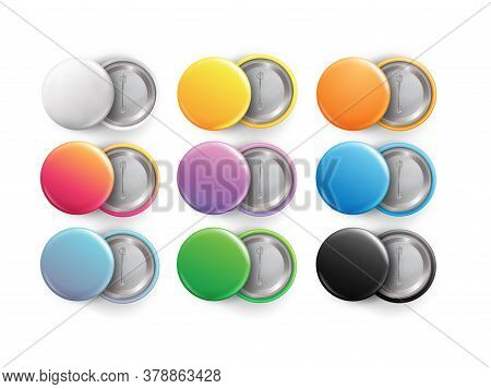 Blank Badges Set. Realistic Shiny Empty Button Badge Front And Back View. Multicolored Vector Badges