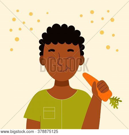 Cute Smiling African Boy Eating Carrot. School Snack, Healthy Food, Vegetable Diet, Vitamins For Chi