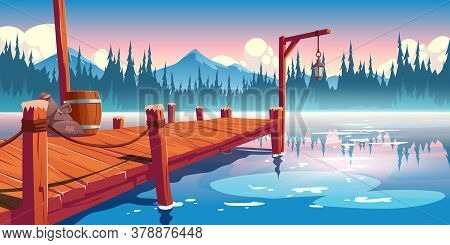 Wooden Pier On Lake, Pond Or River Landscape, Wharf With Ropes, Lantern, Barrel And Sacks On Picture