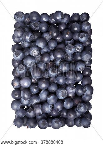 Ripe Bilberries. Sweet fresh whortleberries isolated on white background. Top view close up. Organic natural food for healthy eating. Ingredient berries for Food Packagion Design.