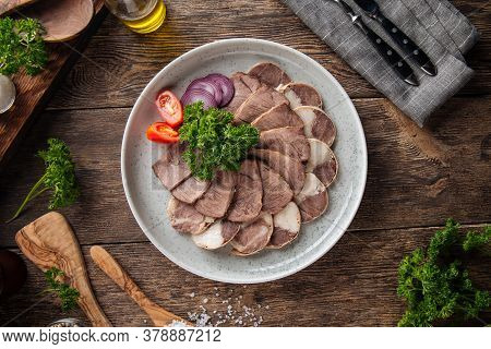 Top View On Kazakh National Horse Meat Sausage Qazy Platter