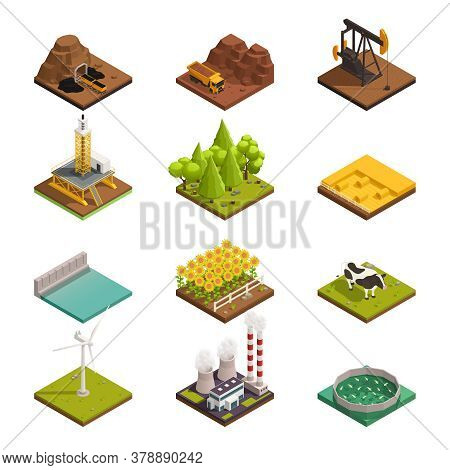 Natural Resources Isometric Icons Set With Oil Extraction Coal Mining Harvesting Crops Wind Turbine 