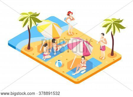 Sunscreen Isometric Composition With View Of Sandy Beach With Palms Umbrellas And People Applying Su