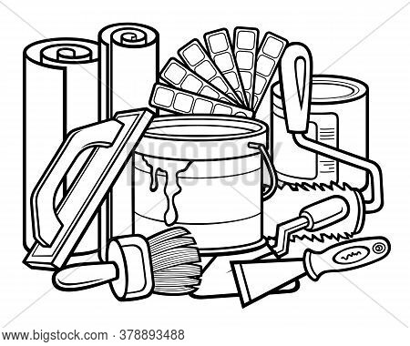 Cartoon Doodles Funny Hand Drawn Painting Instruments Illustration. Many Tools Objects Vector Backgr