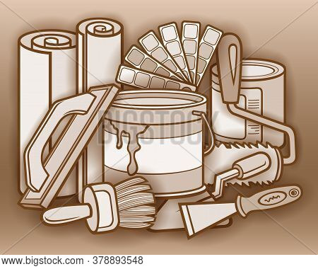 Cartoon Doodles Funny Hand Drawn Painting Instruments Illustration. Many Tools Objects Vector Backgr
