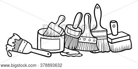 Cartoon Doodles Funny Hand Drawn Painting Instruments Illustration. Many Tools Objects Vector Backgr