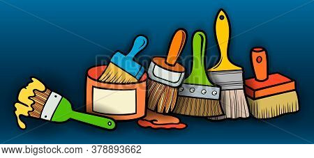 Cartoon Doodles Funny Hand Drawn Painting Instruments Illustration. Many Tools Objects Vector Backgr