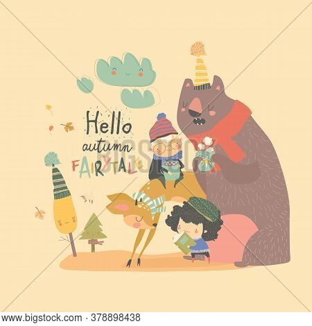 Happy Kids Reading Book And Drinking Tea With Woodland Animals