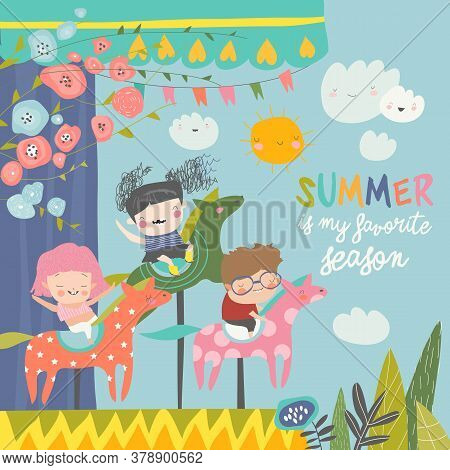 Kids Having Fun On A Carnival Carousel. Boys And Girl Riding On Toy Horse