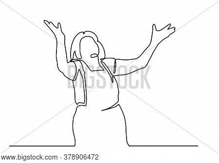 Continuous One Line Drawing Of Cheering Old Woman.happy Elderly Lady. Happy Grandmother Isolated On 