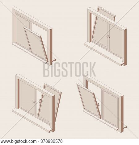 Isometric Outline Set Of Open Windows, Double-glazed Windows. 3d Illustration.